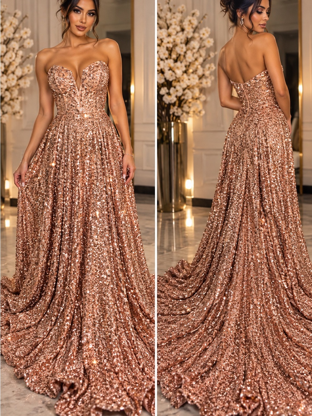 Portia and Scarlett Rose Gold Sequin Strapless Ball Gown